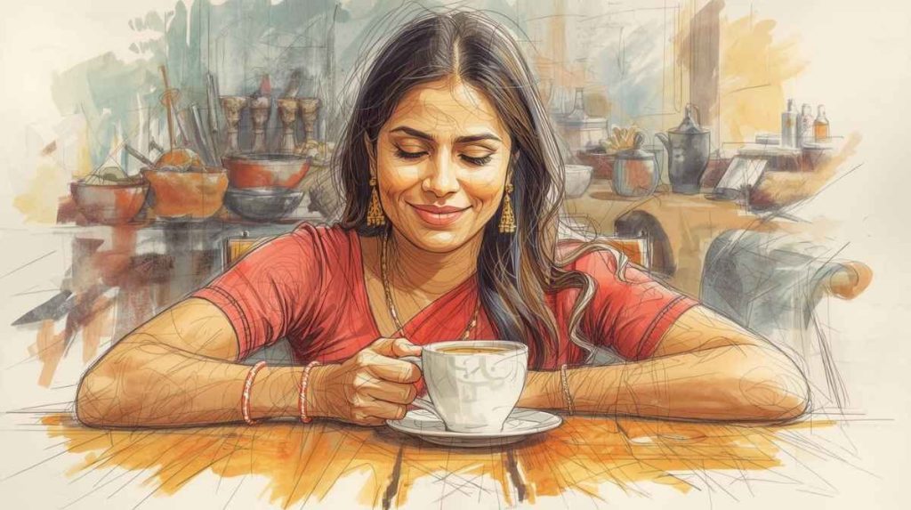 A woman, happy and smiling, over a cup of coffee, experiencing the benefits of regular meditation