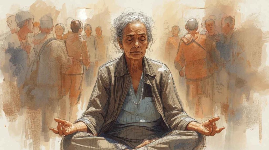 A woman meditating peacefully amidst a busy street