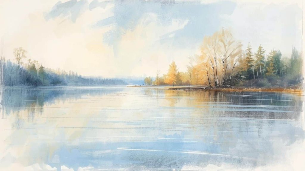 A beautiful, peaceful watercolour sketch of a lake, symbolising the benefits of regular meditation in terms of relaxation and peace