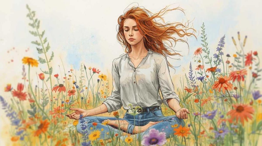 A woman meditating peacefully in a field, cross legged. Part of building a daily meditation habit is finding a space you can meditate in comfortably