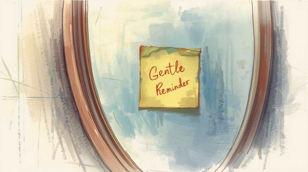 A mirror with a post-it note that reads "Gentle Reminder" to meditate daily