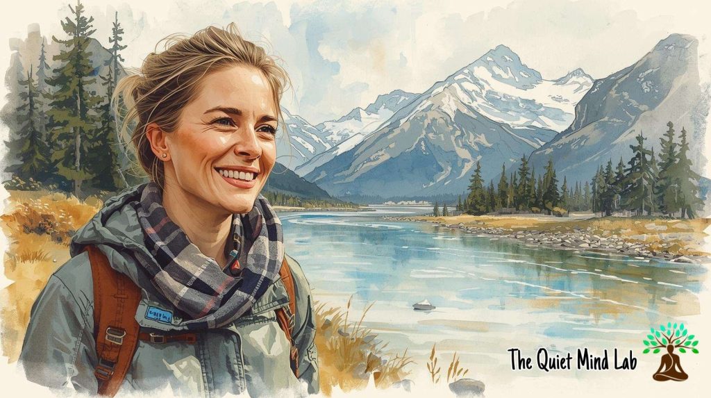 What is mindfulness, and does it help you feel more alive and present in your life? Image of a smiling, peaceful woman hiking on a mountain trail