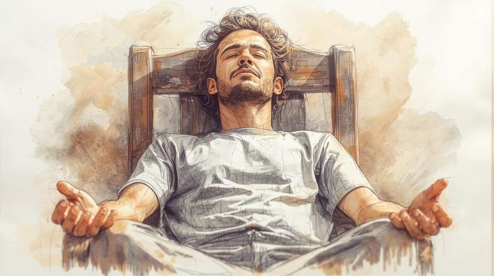 A man meditating for the first time, sitting comfortably in a chair with his eyes closed