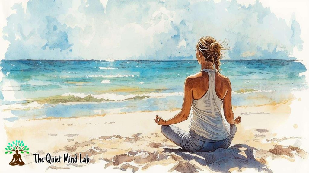 What is mindfulness, and how does it differ to meditation? Image of a woman meditating on a beautiful beach