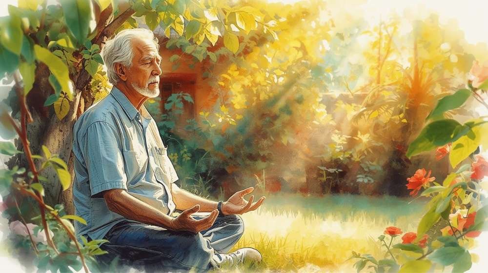 What is Meditation? Image of a man practicing meditation for the first time in a beautiful garden