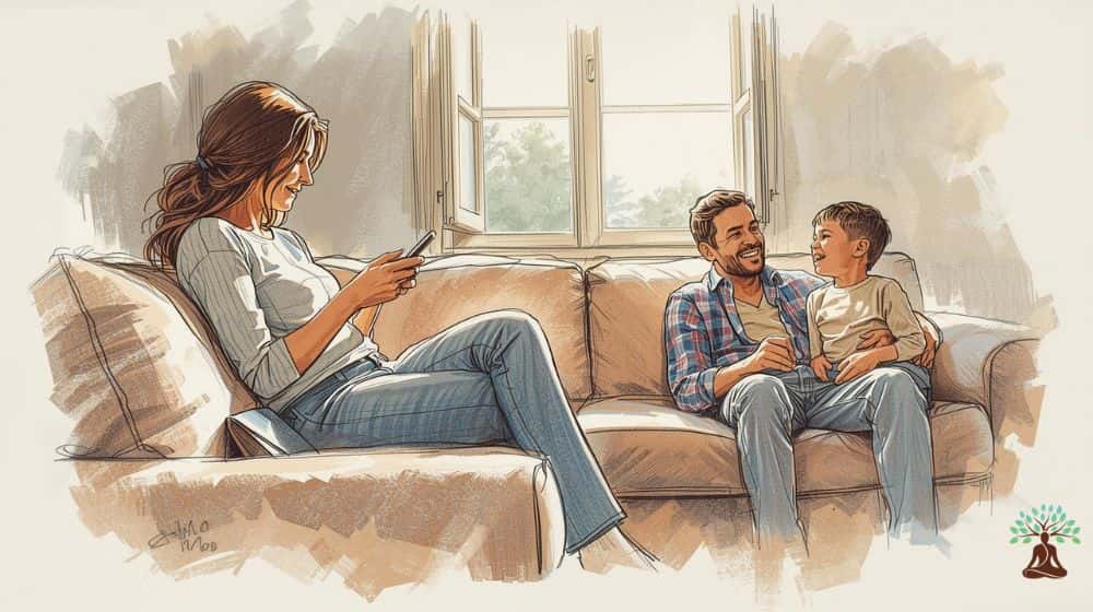 A mother caught up, attention on her phone, while her husband and son play together