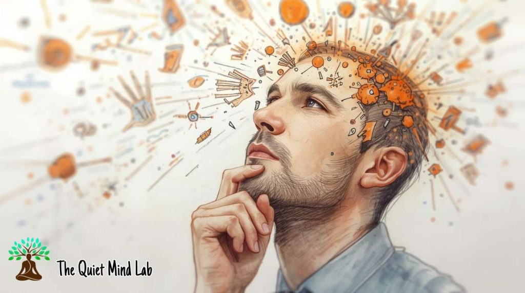 What is mindfulness, and how does it impact the mind? Image of a man noticing thoughts, but not engaging with them