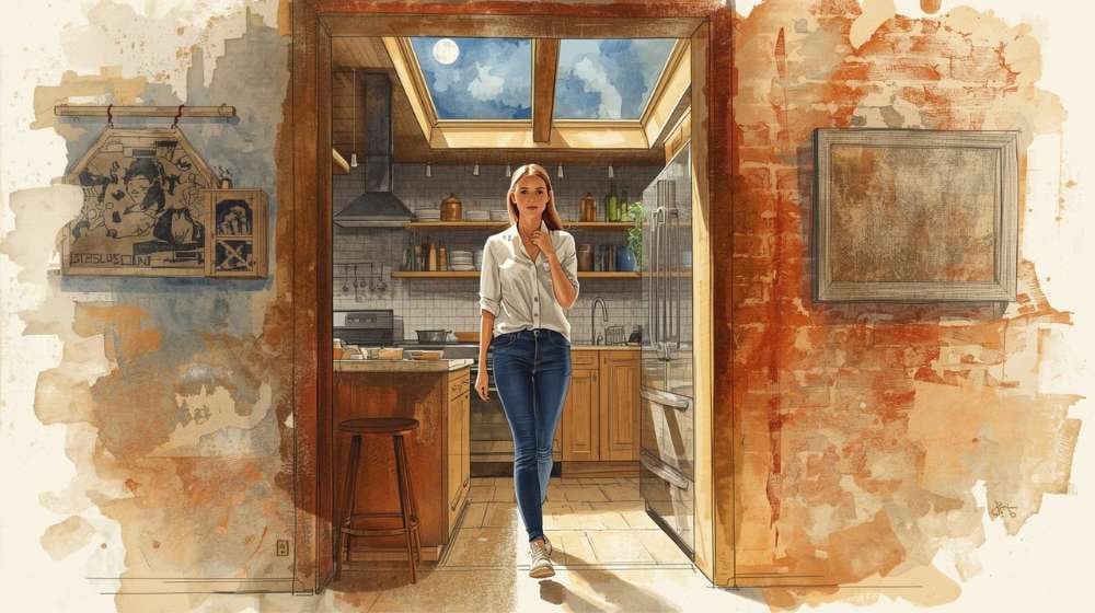 A woman using walking meditation at night in the comfort of her own home