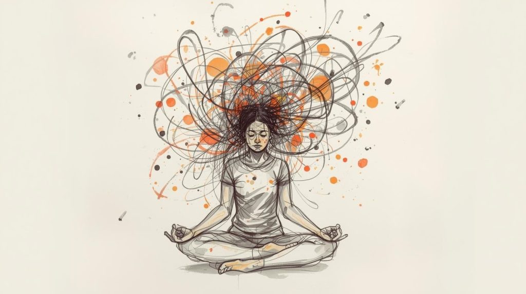 Common Meditation Mistakes | Image of a woman meditating, depicting swirling thoughts and an overactive mind