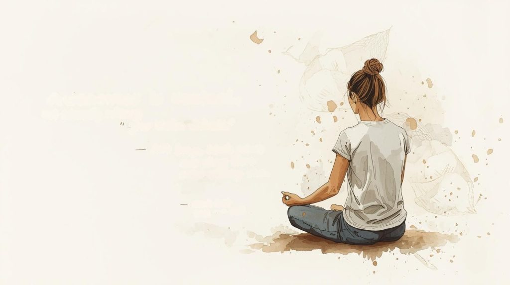 Watercolour pencil illustration of a person sitting in meditation, viewed from behind, with soft abstract shapes around them, representing common meditation mistakes such as over-monitoring attention instead of resting in present-moment experience.