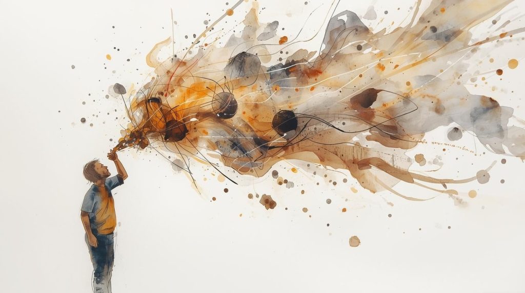 Abstract watercolour illustration showing a person reaching toward swirling thoughts, representing meditation mistakes such as trying to control or stop thoughts instead of simply noticing them.