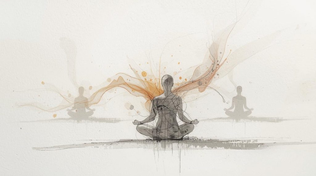 Abstract watercolour illustration of multiple figures meditating, representing meditation mistakes such as comparing your own experience to what you think others are experiencing.