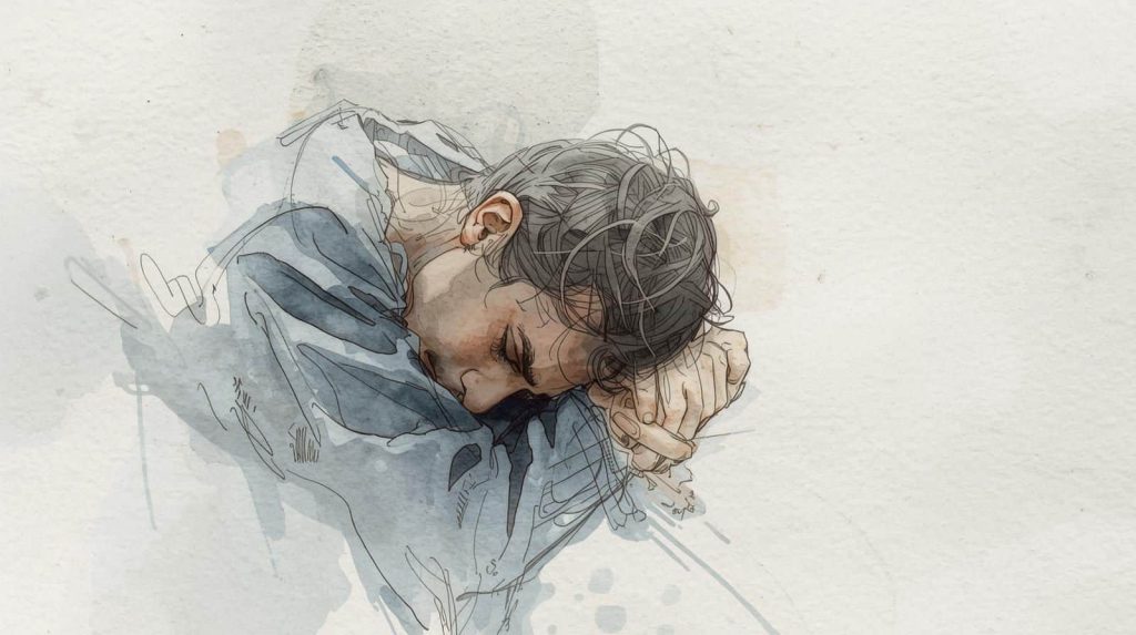 Soft watercolour illustration of a tired or discouraged person, used to depict meditation mistakes involving self-judgement and rigid expectations.