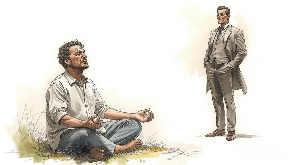 Watercolour illustration of a person meditating while another, more idealised version stands nearby, representing meditation mistakes such as expecting meditation to eventually fix or improve who you are.