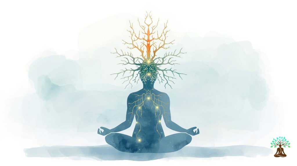 Image of a figure meditating, with nueral pathways lighting up and extending from the head
