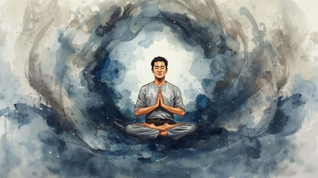 Person meditating peacefully with hands together, symbolising reduced reactivity and early signs meditation is working in daily life.