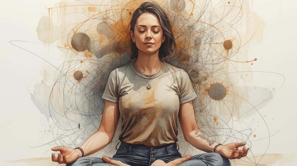 Woman meditating calmly while abstract lines fade into the background, showing signs meditation is working as stress arises but no longer takes over.