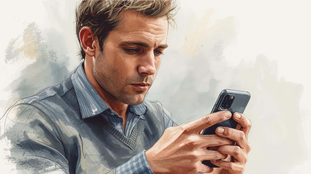 Man pausing thoughtfully while looking at his phone, illustrating signs meditation is working by noticing habits and patterns in everyday behaviour.