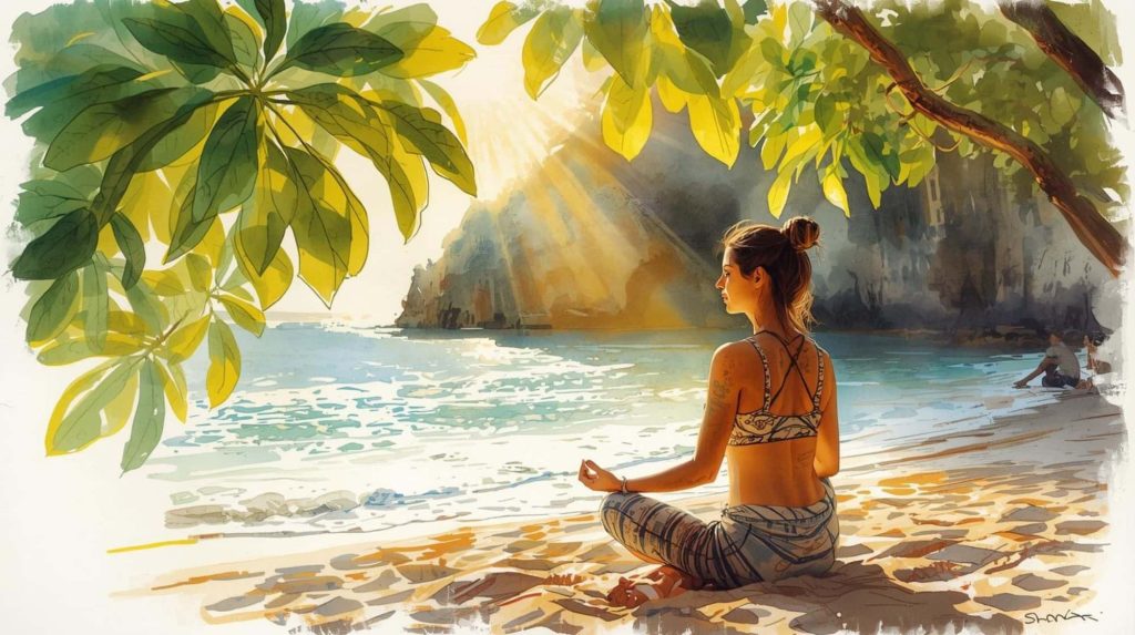 Woman meditating by the sea in a relaxed posture, showing signs meditation is working as expectations around practice begin to soften.