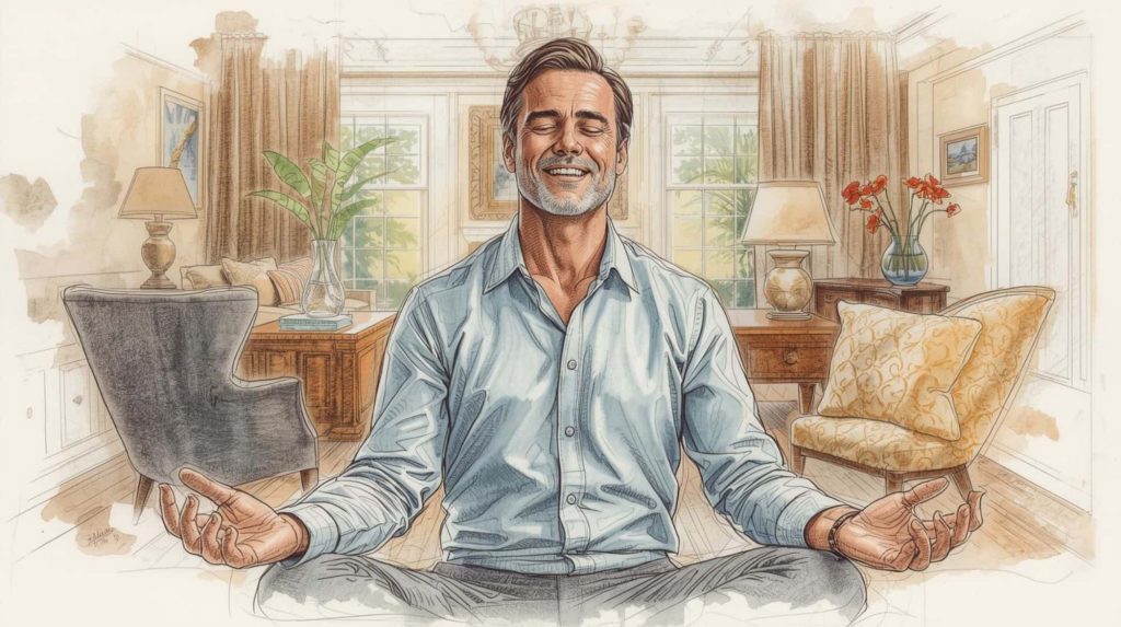 Man meditating comfortably at home with a relaxed smile, showing signs meditation is working as the urge to check progress fades.