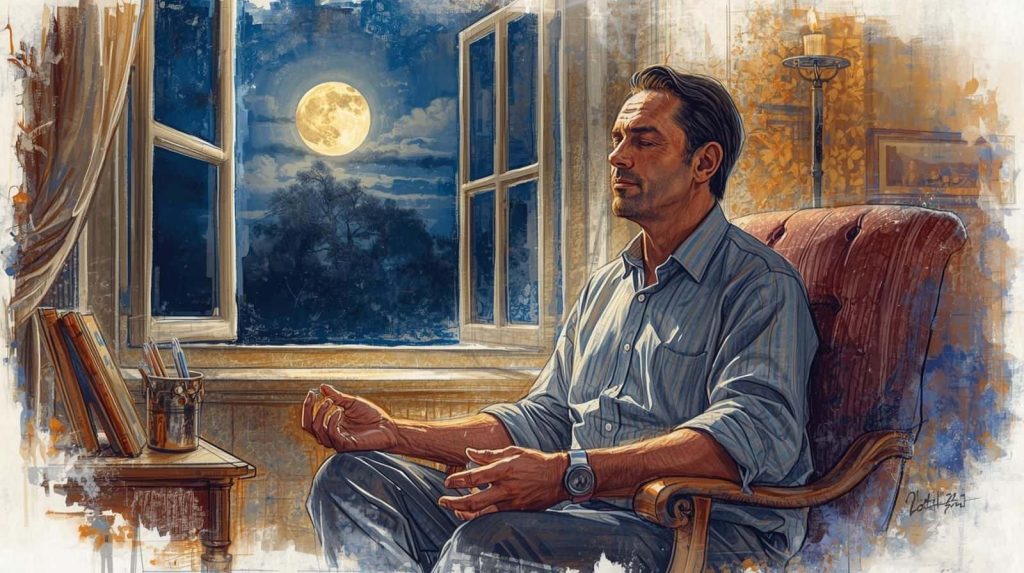 Man practising evening meditation in a chair by an open window at night, moonlight outside, illustrating how evening meditation can help some people wind down while feeling too stimulating for others.