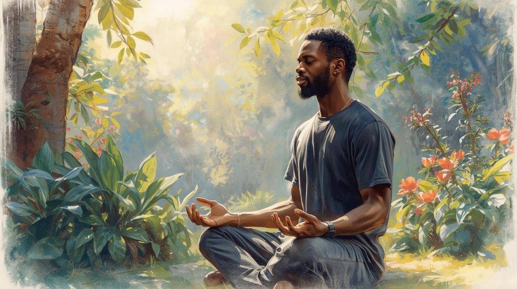 Person meditating calmly in nature, showing how most people naturally use both guided vs unguided meditation depending on the moment.