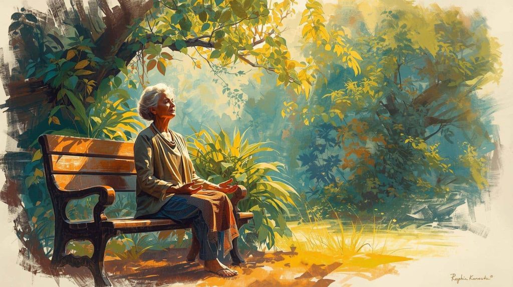 Older woman sitting peacefully on a park bench in quiet reflection, illustrating how to choose between guided vs unguided meditation based on personal needs.