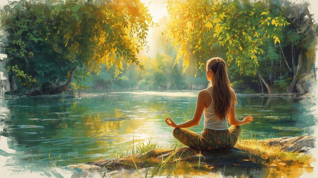 Person meditating quietly by a calm river, exploring whether unguided meditation is better than guided meditation and how each approach feels in practice.