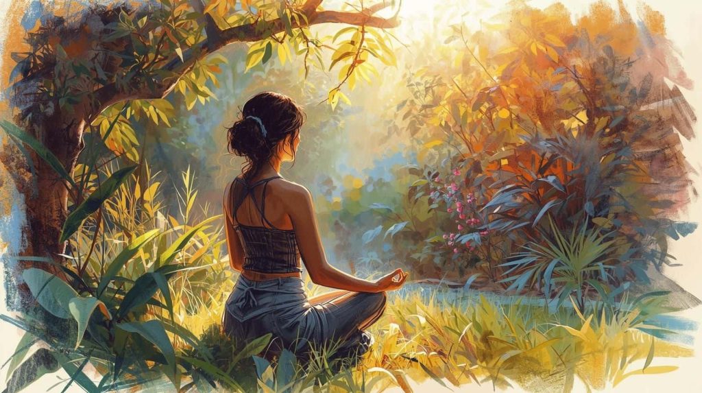 Person meditating outdoors in a sunlit garden, sitting calmly among plants and trees, illustrating the idea that meditating whenever you can often works better than sticking to a rigid schedule.