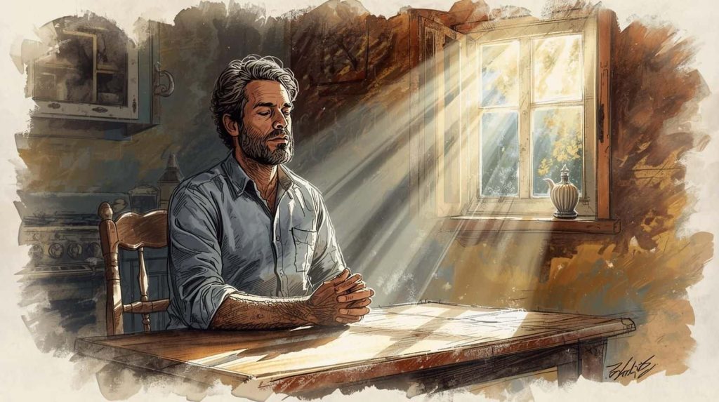 Man practising morning meditation at a table as sunlight streams through a window, illustrating when morning meditation can feel helpful and when it may not suit everyone.