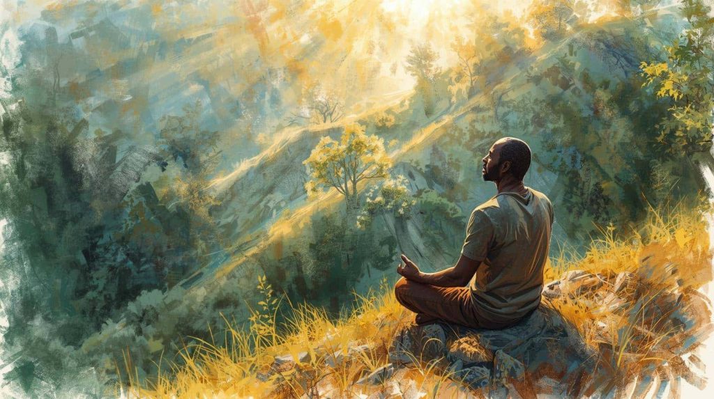 Person meditating quietly outdoors in nature, illustrating the difference between guided vs unguided meditation and how each supports awareness.