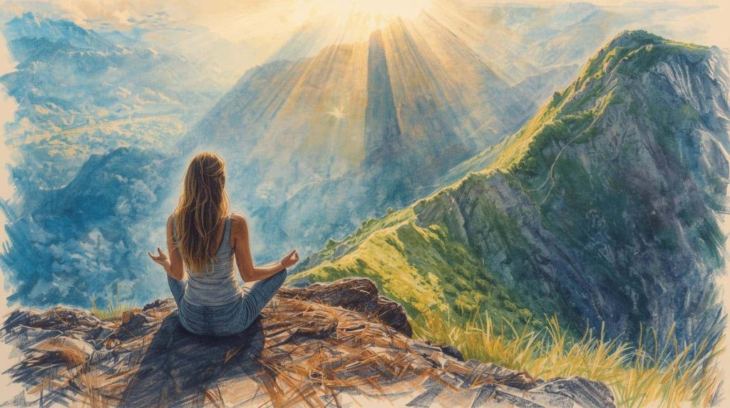 Person meditating on a mountain ledge with sunlight overhead, showing when guided vs unguided meditation tends to work best for focus and support.