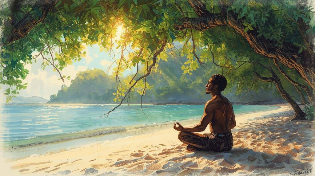 Person meditating quietly on a beach beneath trees, showing when unguided meditation makes more sense compared to guided vs unguided meditation.