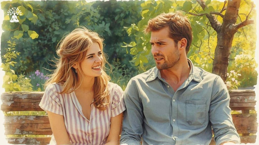 Couple talking outdoors with mismatched reactions, illustrating poor listening and miscommunication.