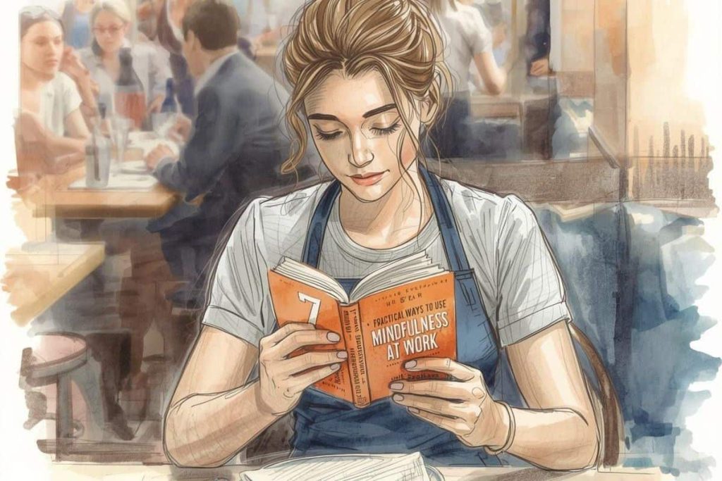 Woman reading about mindfulness at work in a busy café, focusing calmly despite background distractions