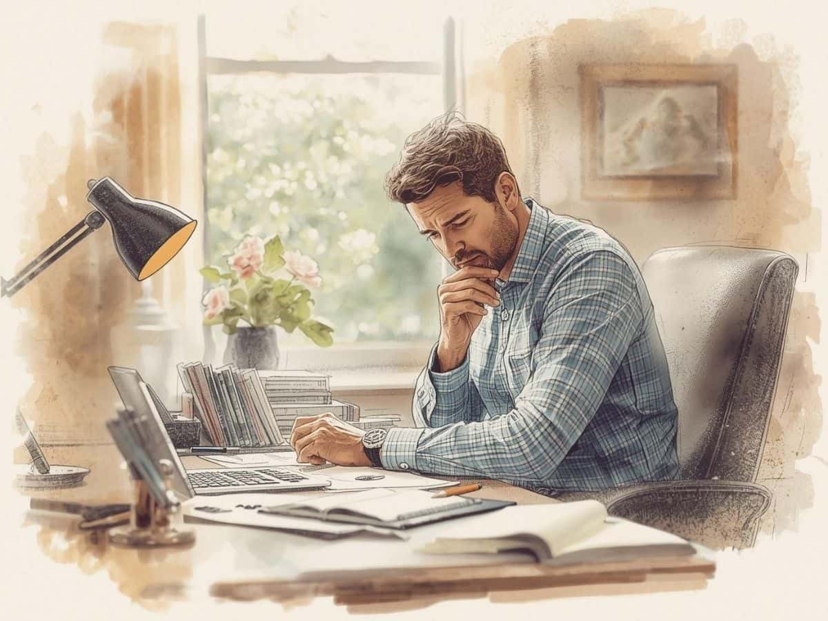 Man calculating the cost of a meditation retreat at his desk.