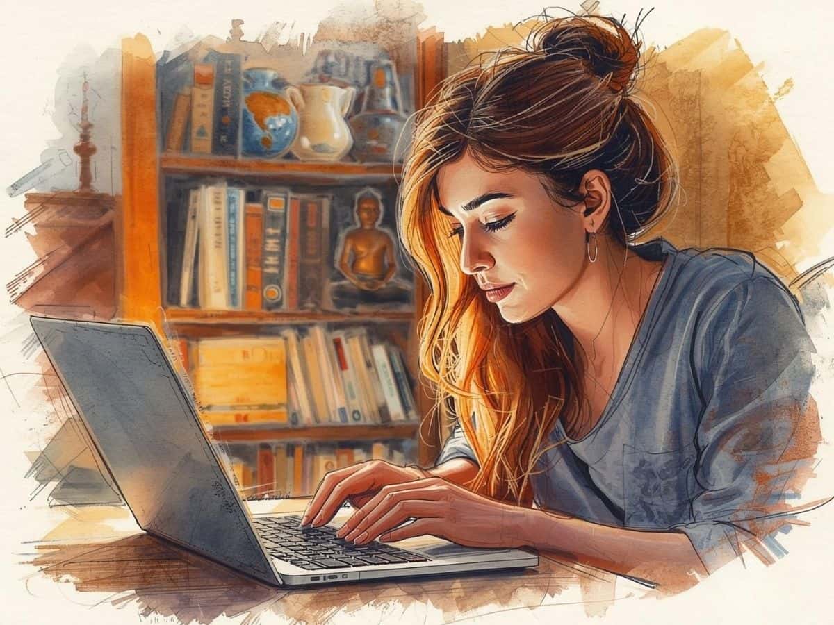 Person researching meditation retreats on a laptop at home.