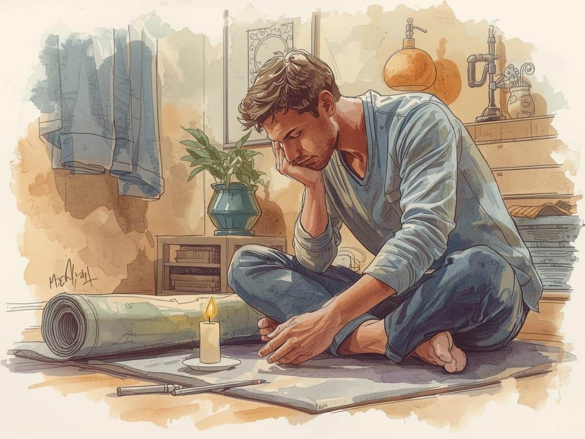 Man creating a meditation retreat at home, sitting on a mat with a candle.