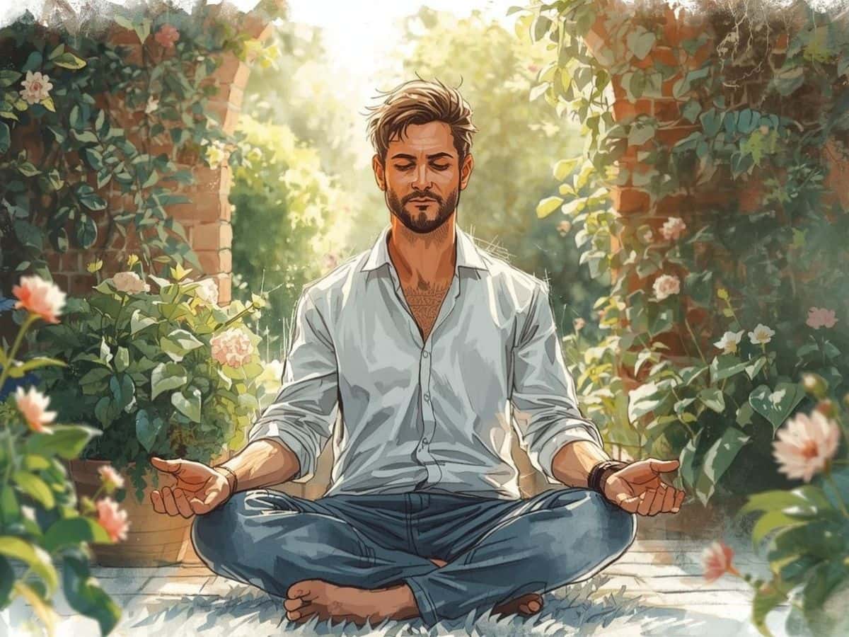Man sitting cross-legged practicing meditation for grief in a quiet, sunlit garden.
