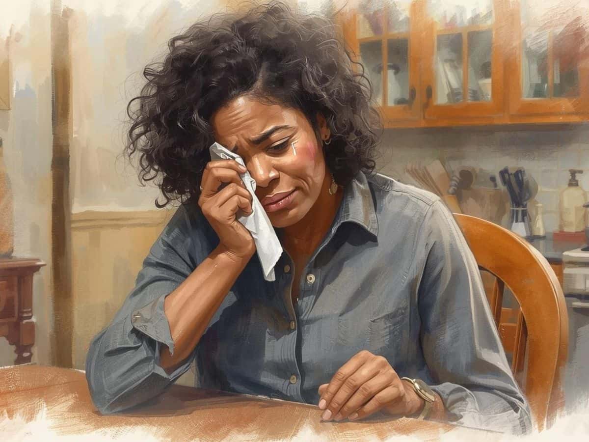 Woman crying at a table, overwhelmed with grief.