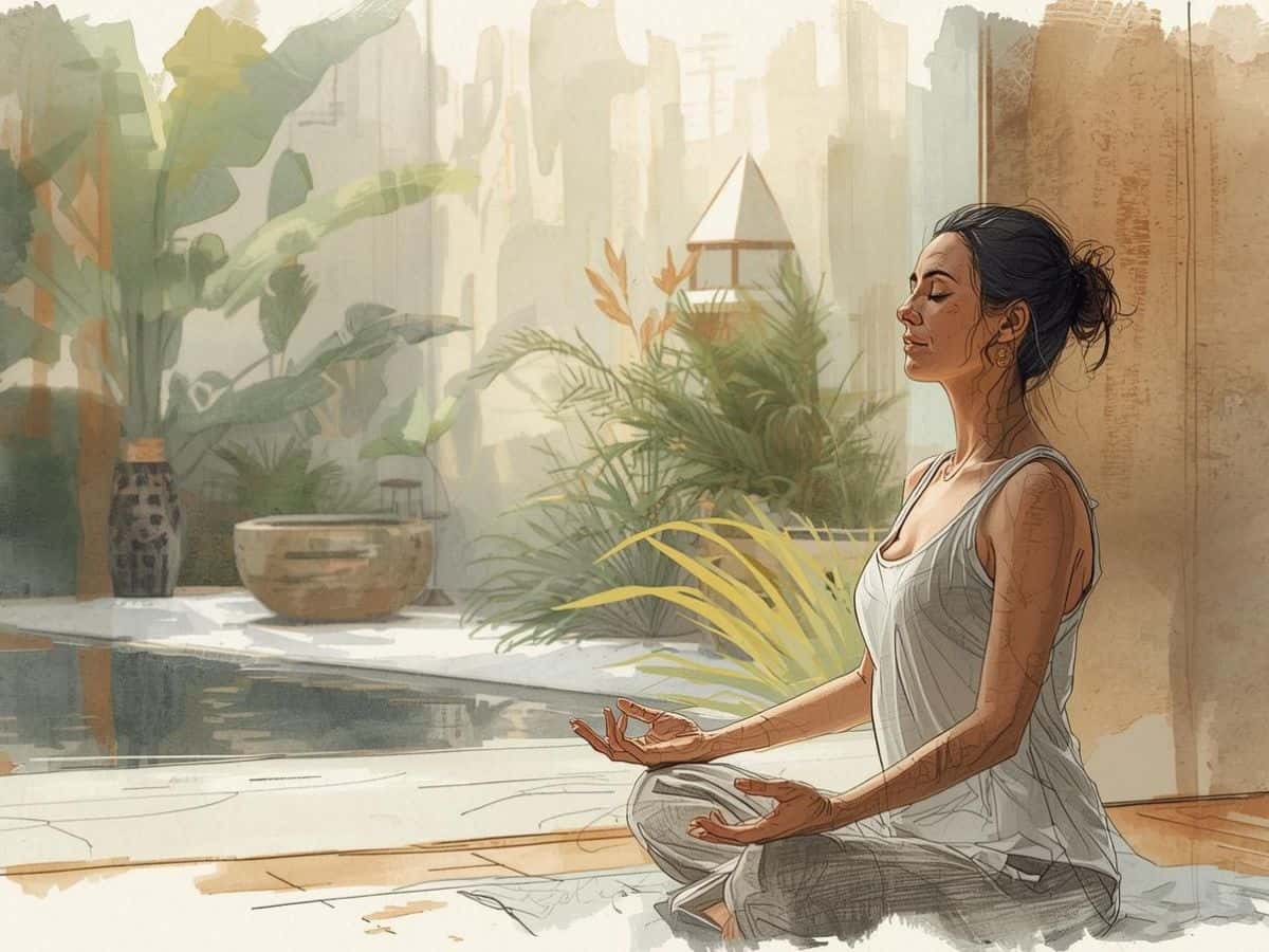 Woman meditating in a calm retreat setting with natural light and plants around her.