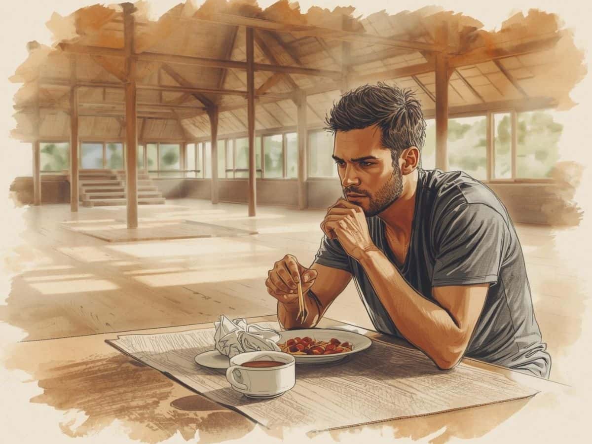 Person eating a simple meal in silence at a meditation retreat, showing a typical part of the daily routine.