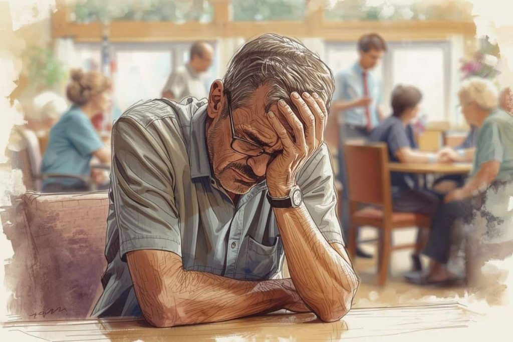 Man feeling overwhelmed at his desk, illustrating the need for mindfulness at work in a busy environment
