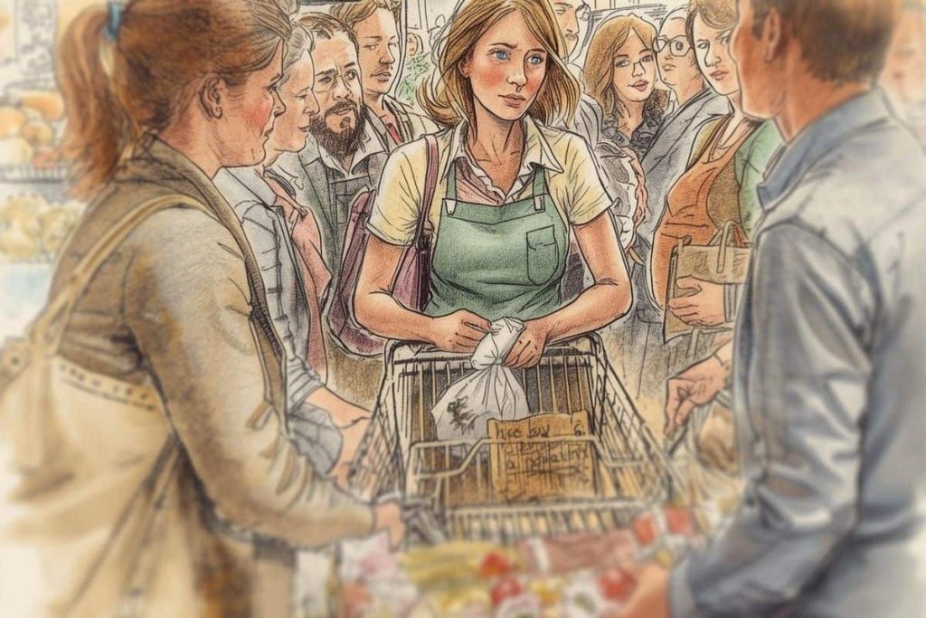 Woman feeling overwhelmed in a crowded environment, showing how mindfulness at work can be difficult in busy situations