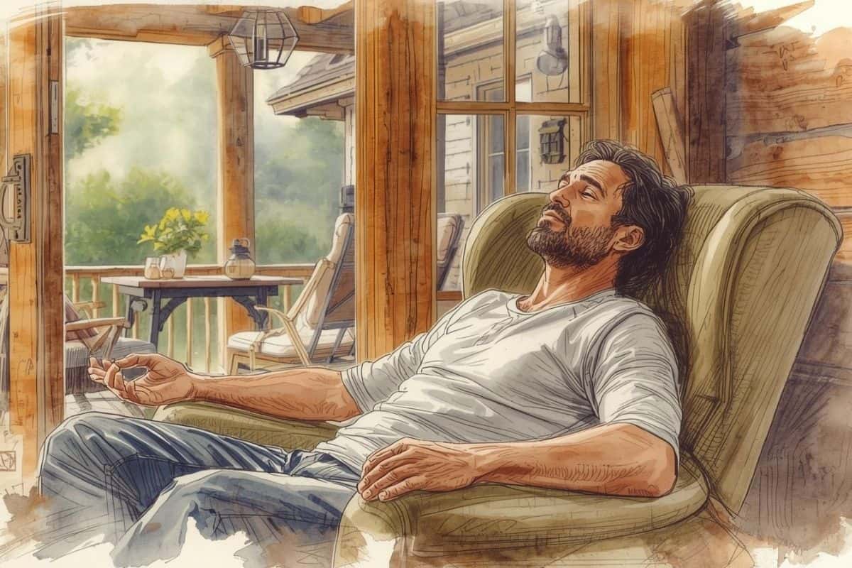 Man meditating in a comfortable chair, showing why adjusting your environment can help with sleepiness.
