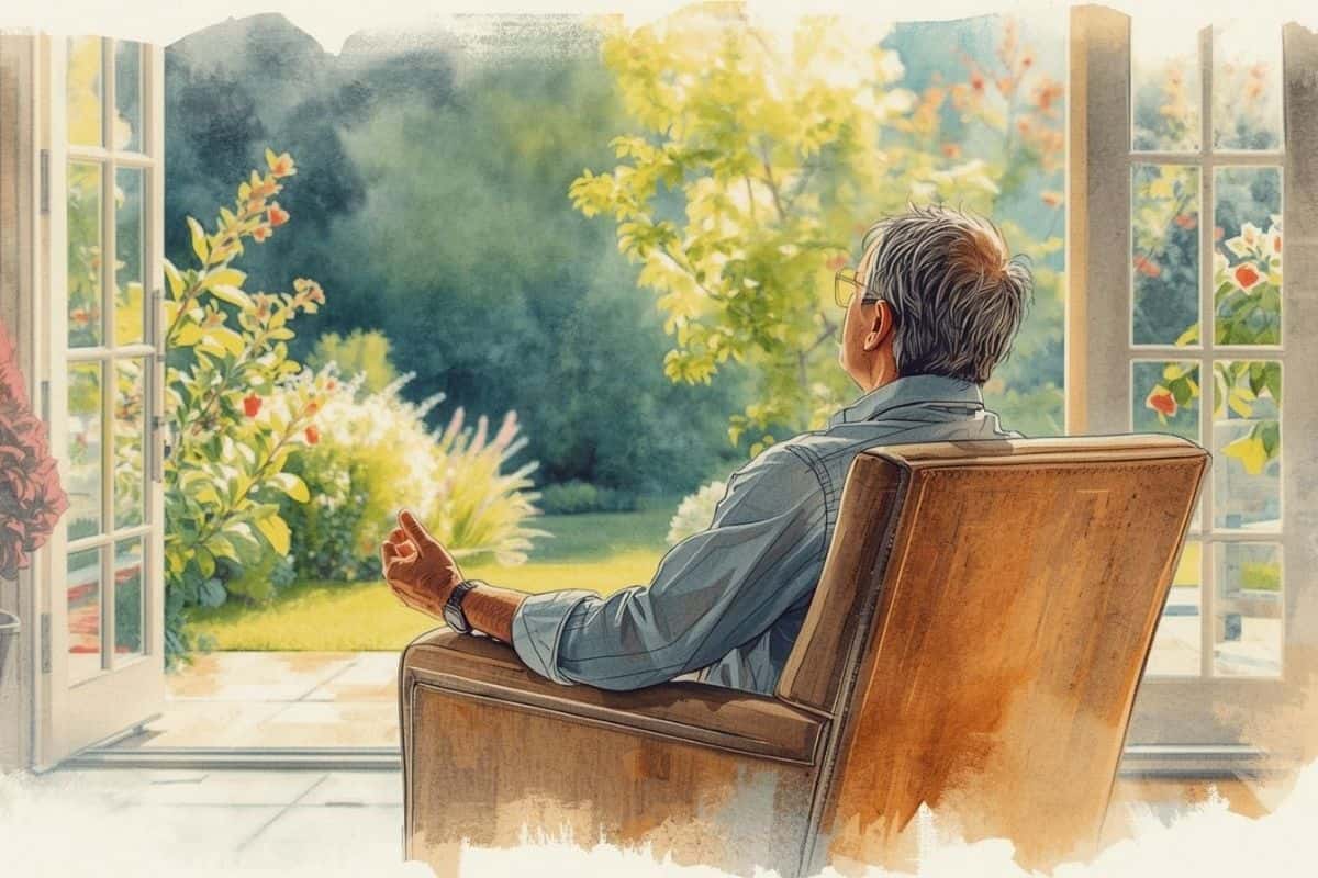 Man meditating near open doors, showing how changing the time you meditate can help with sleepiness.