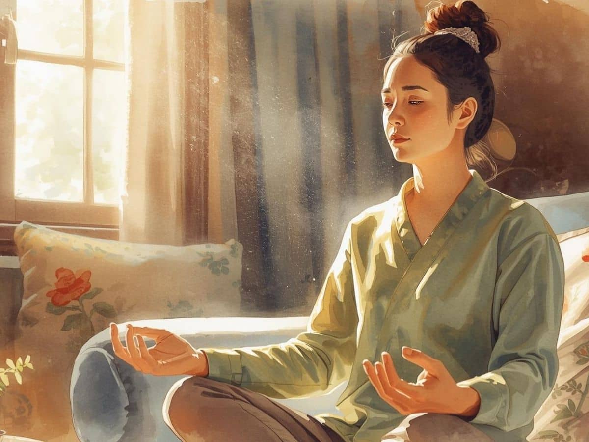Woman meditating in a bright home meditation space beside a window.