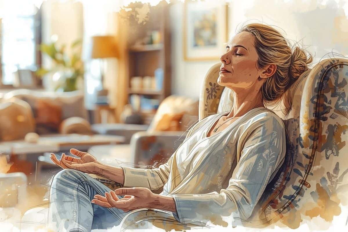 Woman reclining in a chair while meditating, showing how to meditate without falling asleep.