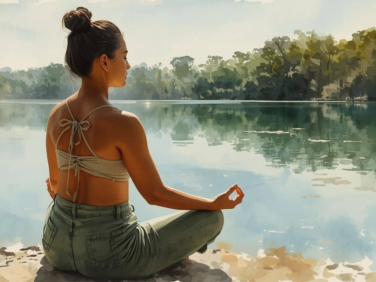 How long until meditation starts working, shown by a woman meditating beside a calm lake.