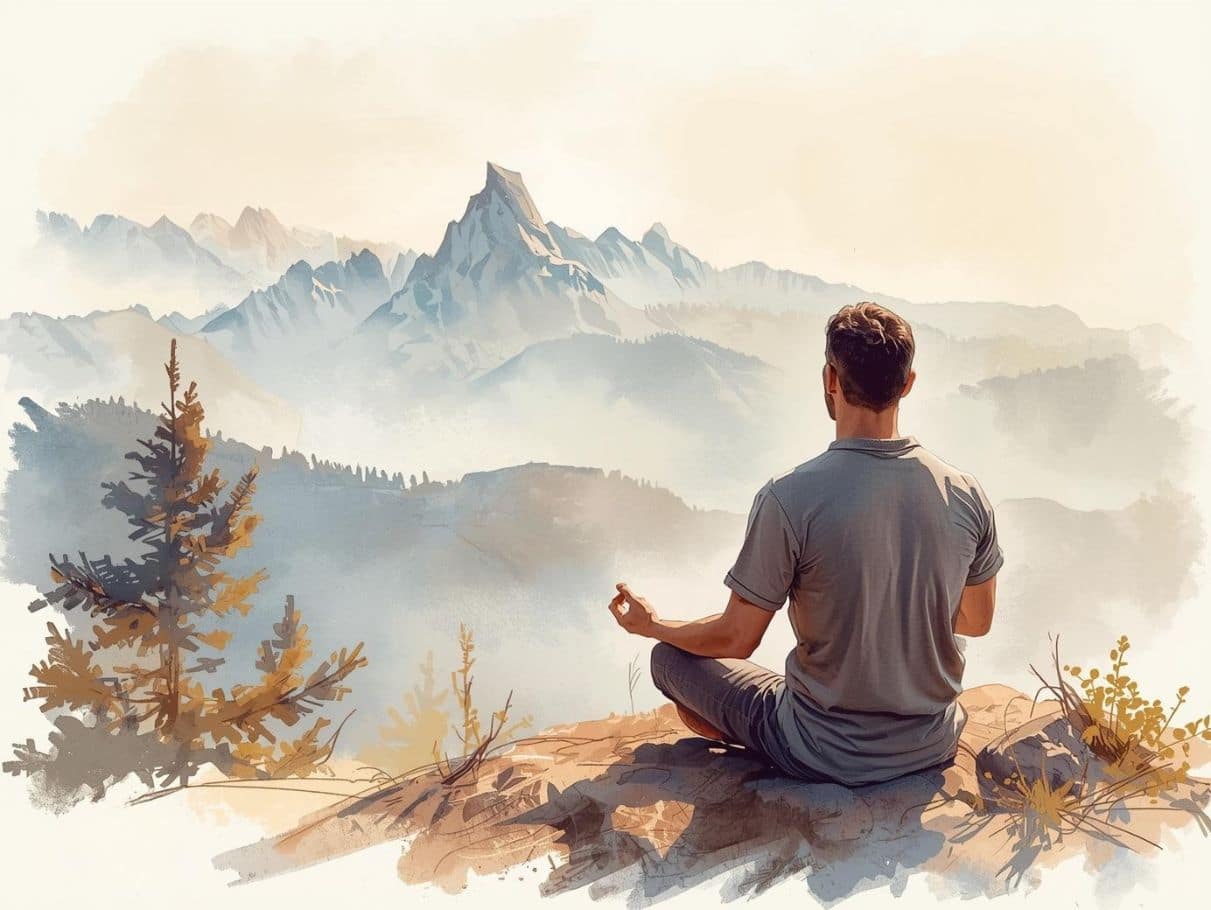 Man meditating in the mountains, showing how long should you meditate as a beginner.